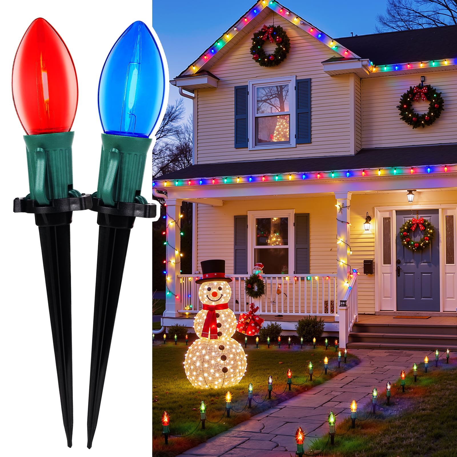 Christmas Pathway Lights Outdoor, 25.7 Feet C9 Lights with 20 Multicolor Bulbs and Stakes, Connectable Outdoor Christmas Decorations Outside Yard Walkway Sidewalk Holiday